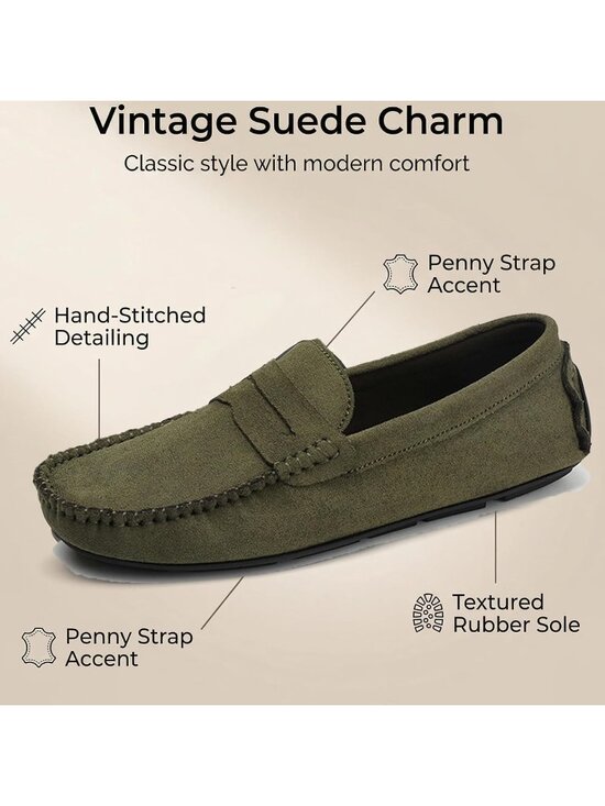 Men\'s Green Suede Penny Loafers Slip-On Driving Moccasins Casual Flat Shoes